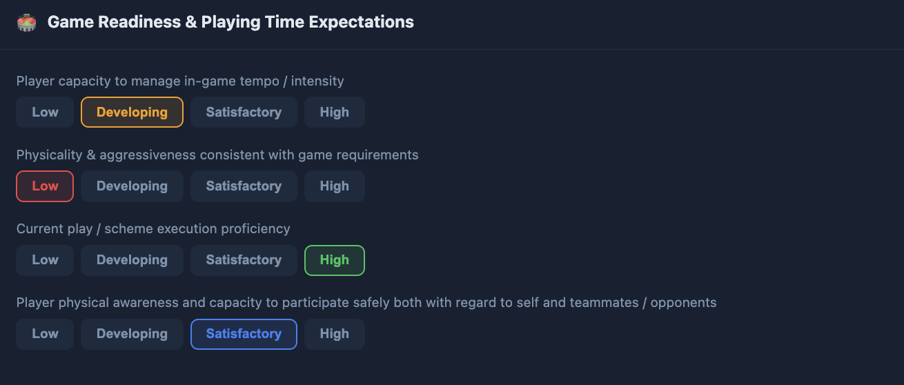 nFormed game readiness screen rating in-game tempo, physicality, scheme execution, and physical awareness