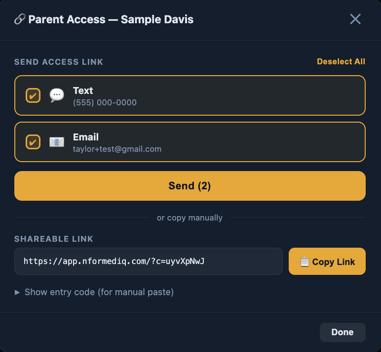 nFormed parent access modal for Sample Davis to send a secure report link by text or email