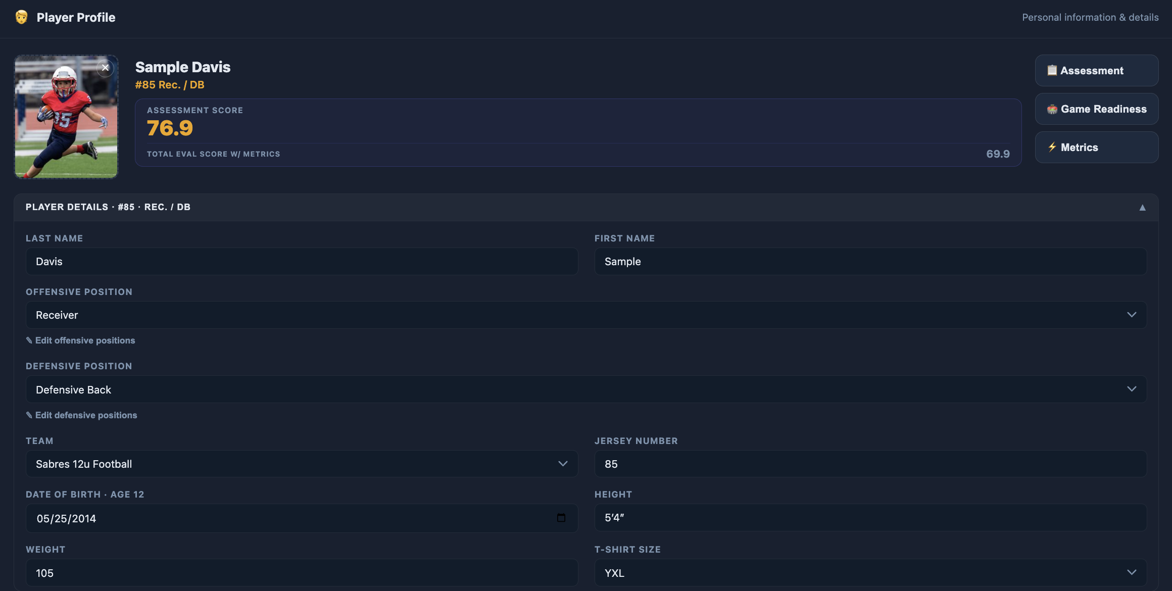 nFormed player profile for Sample Davis showing positions, details, and an assessment score of 76.9
